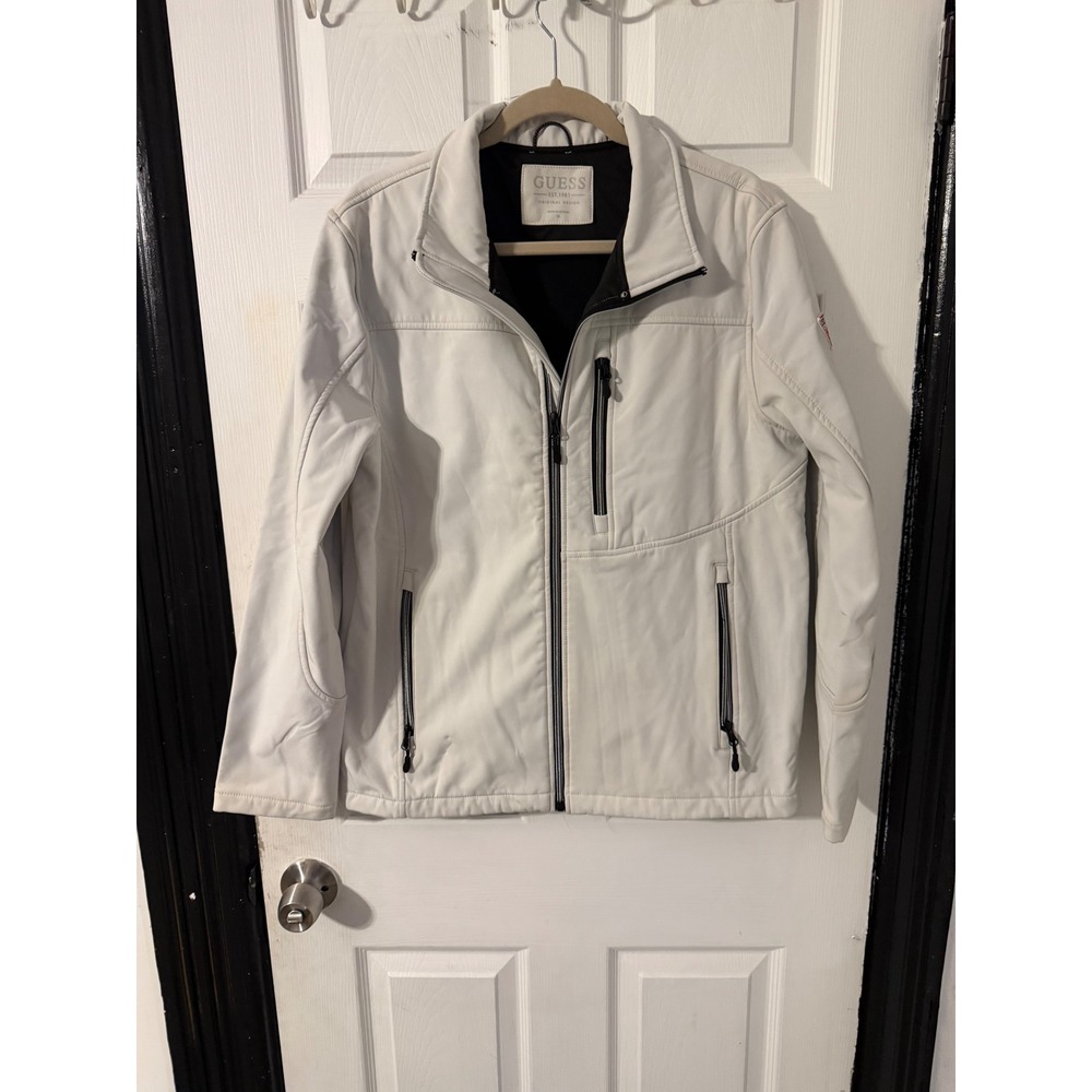 GUESS Mens Softshell Full Zip Jacket Off White Cream Logo Patch Size M